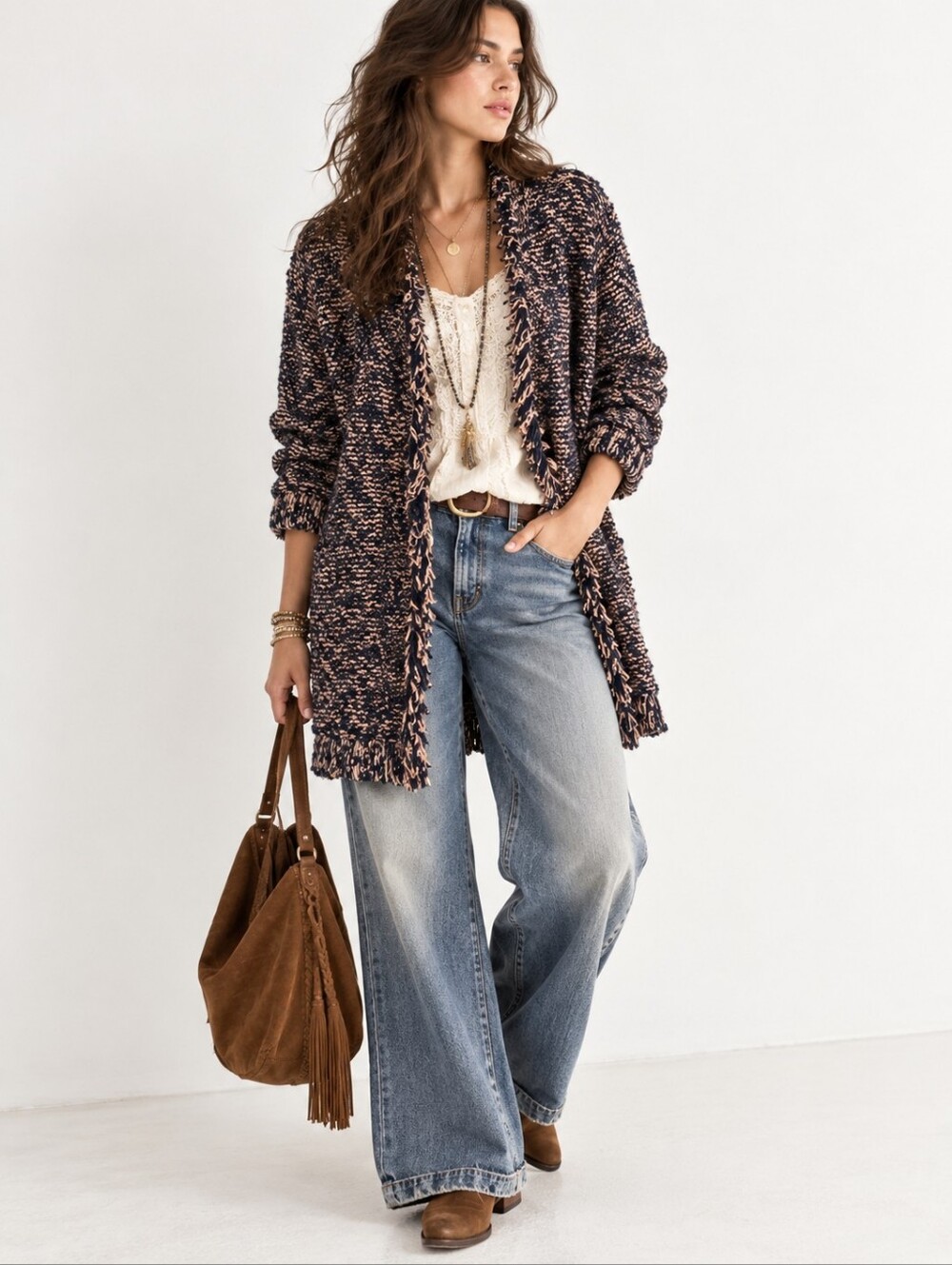 Anthropologie Tweed Long Blue And Tan Sweater Cardigan Fringe Wool Blend